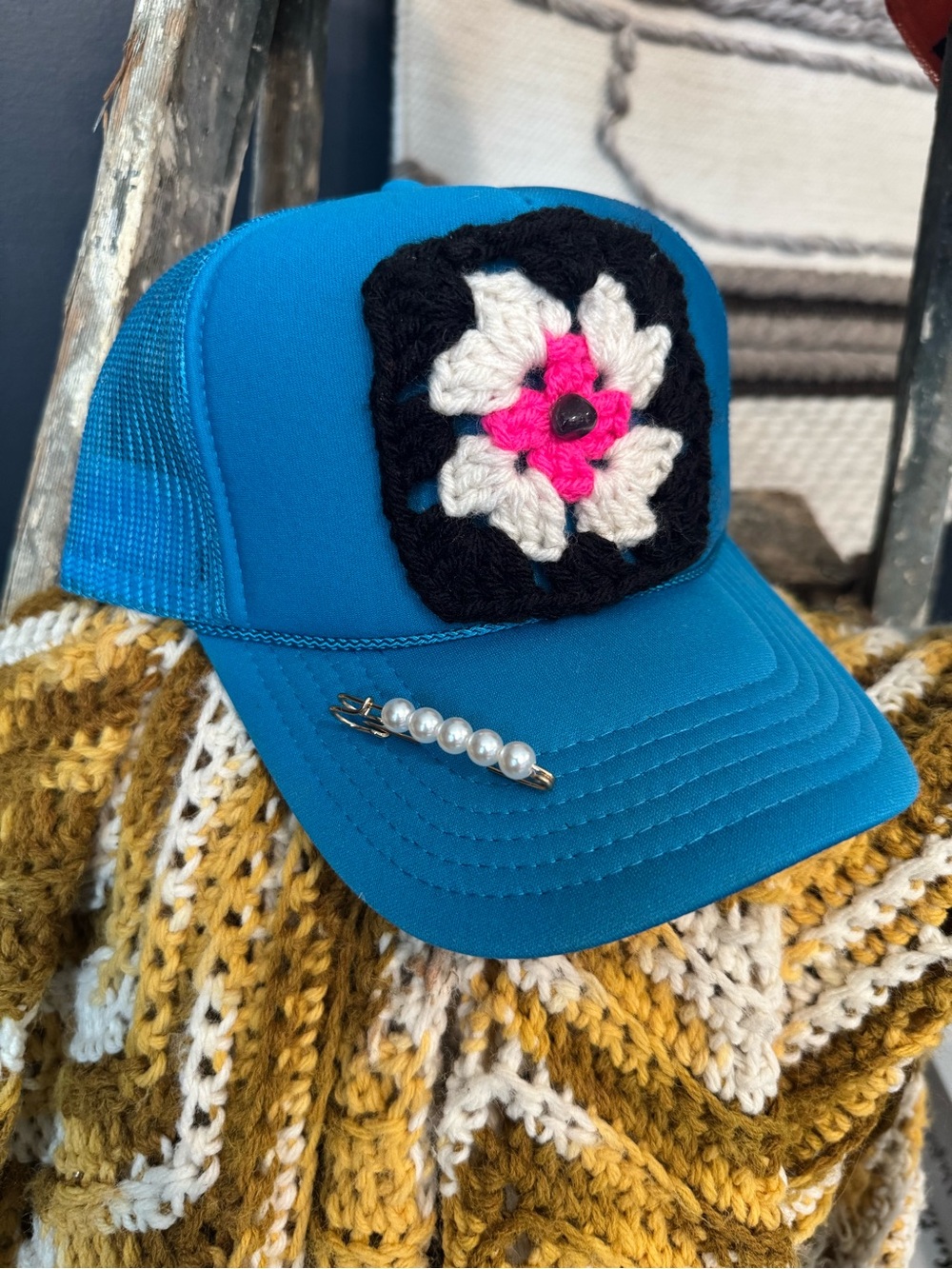 OTTO Bright Blue Trucker Hat with Crochet Granny Square